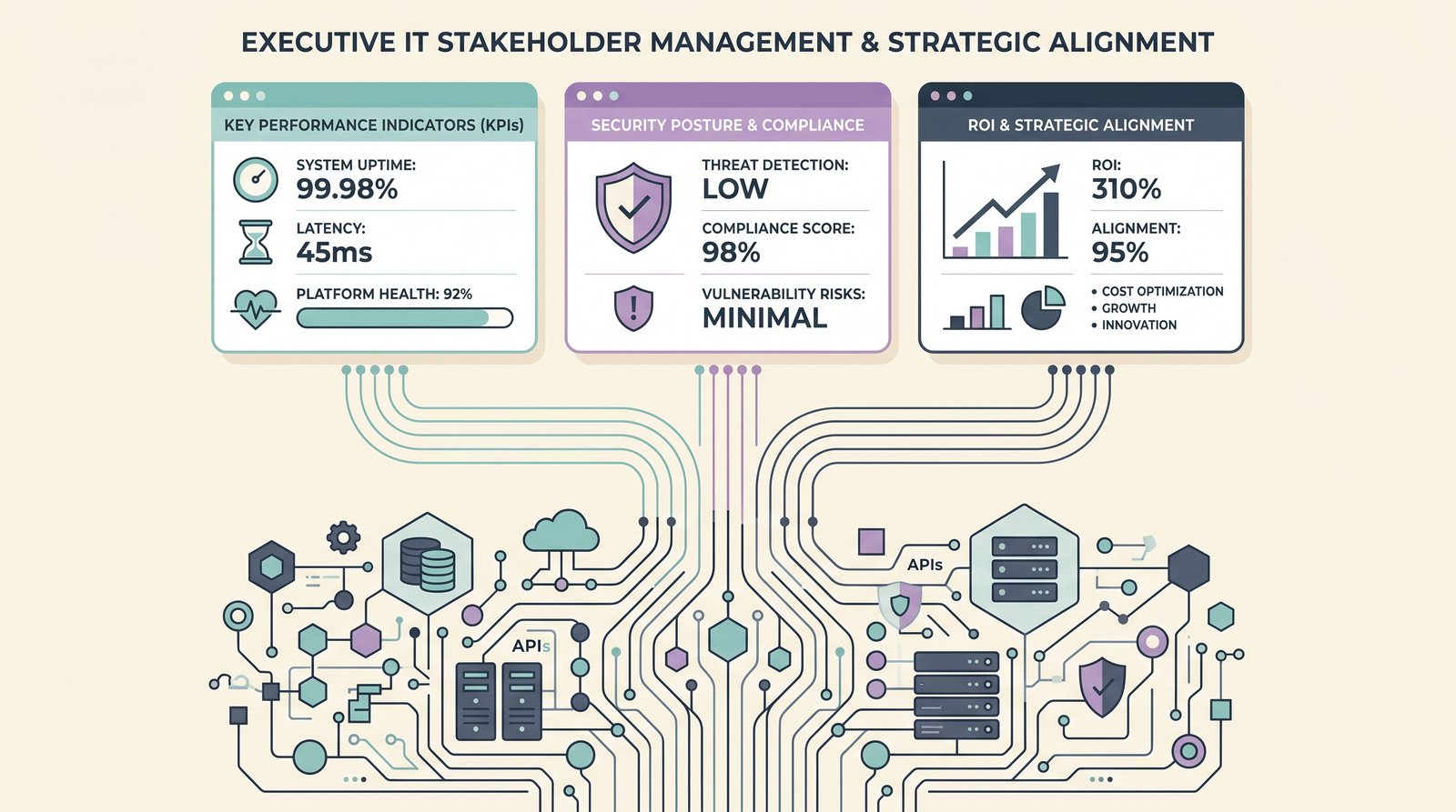 Animiertes Executive-IT-Mockup: KPI-Dashboards, Security & Compliance und strategischer ROI — Brücke von Deep Tech zu Vorstandsebene